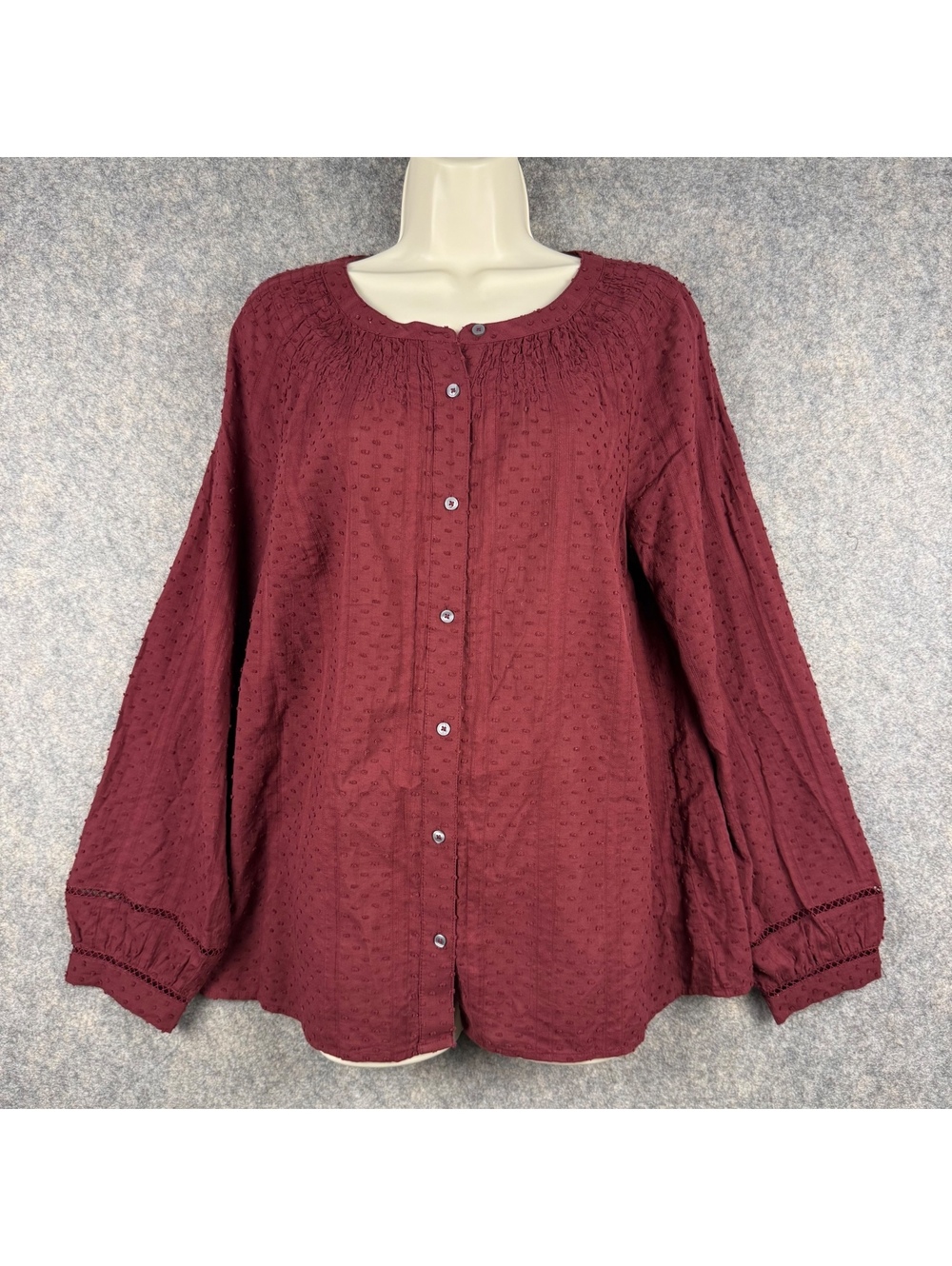 Talbots Button Front Blouse Maroon Dotted Swiss Fabric Women Size Medium 146